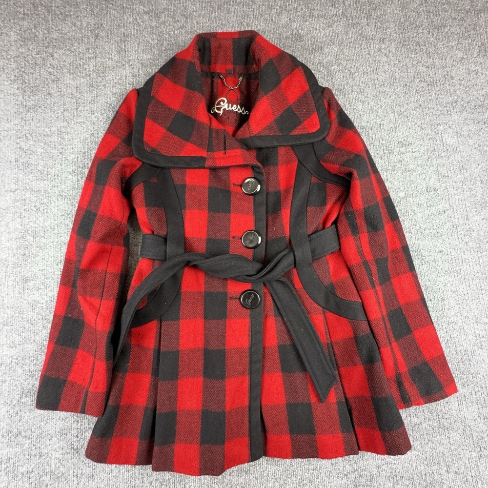 Guess Pea Coat Womens Medium Red Plaid Wool Belted Single Breasted Mid Length